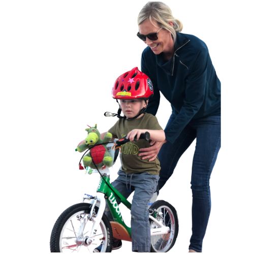 Mother holding her son on a bicycle