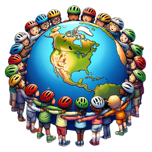 children in bike helmets hugging planet Earth